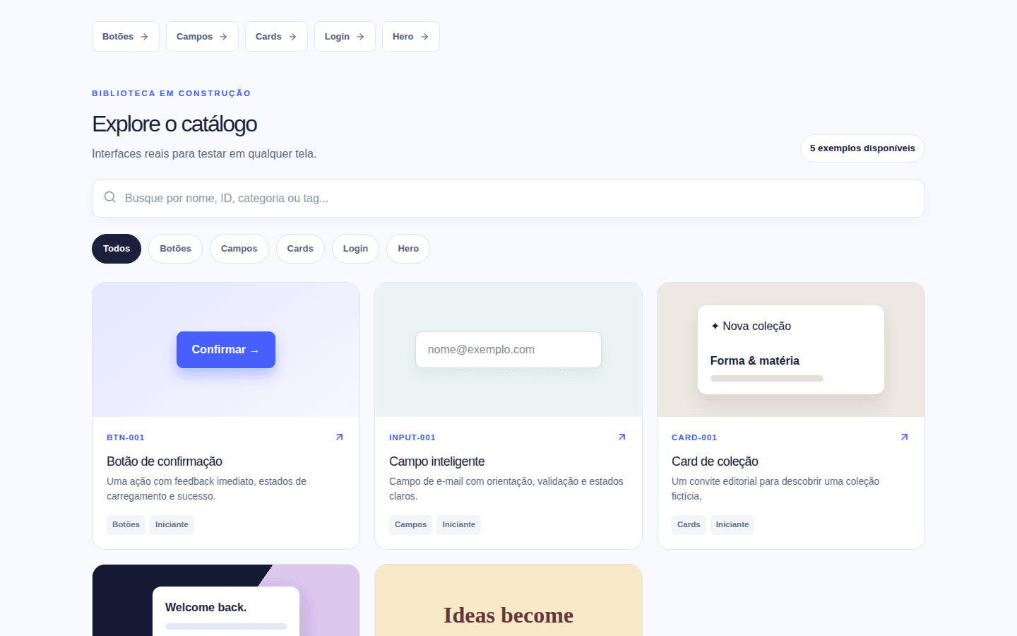 Catálogo do Alexandre UI Lab com busca, filtros e exemplos de interface